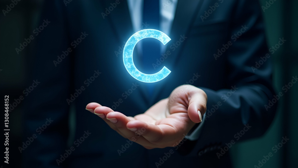 Holographic C Symbol Above Hand: Visualizing Copyright and Trademark Concepts in Stock Photo Holographic C Symbol Above Hand: Visualizing Copyright and Trademark Concepts in Stock Photo