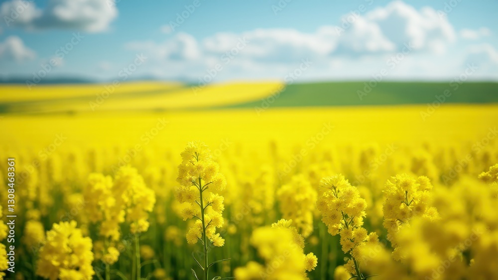 A vibrant canola field stretches into the distance under a blue sky with scattered clouds. A vibrant canola field stretches into the distance under a blue sky with scattered clouds.