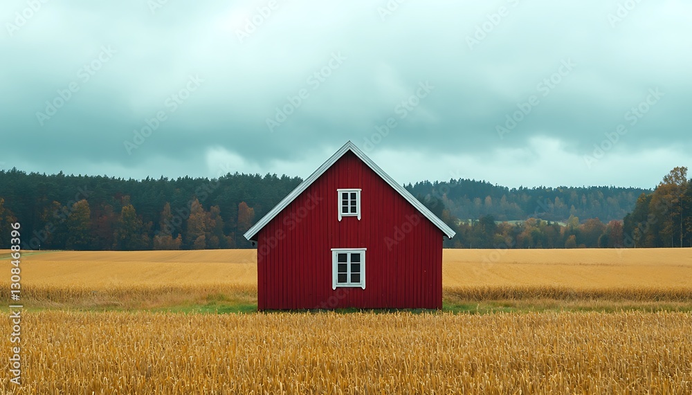 Red Farmhouse in Golden Field Red Farmhouse in Golden Field