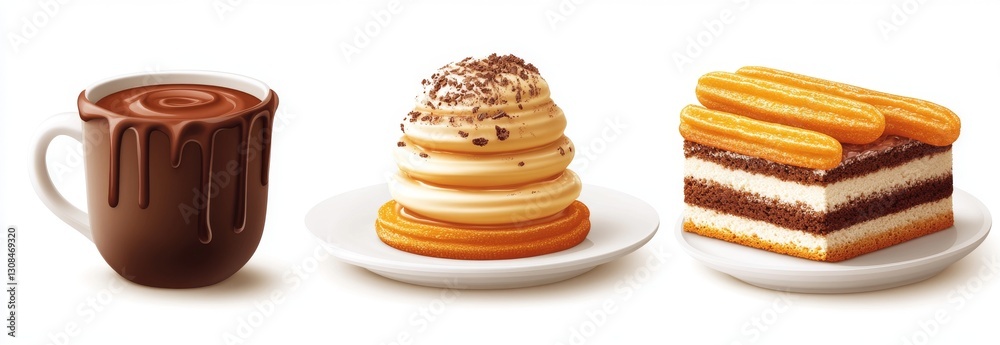 Three food items are shown: a bowl of corn, a colorful ice cream sundae in a cup, and a slice of layered tiramisu on a plate Three food items are shown: a bowl of corn, a colorful ice cream sundae in a cup, and a slice of layered tiramisu on a plate