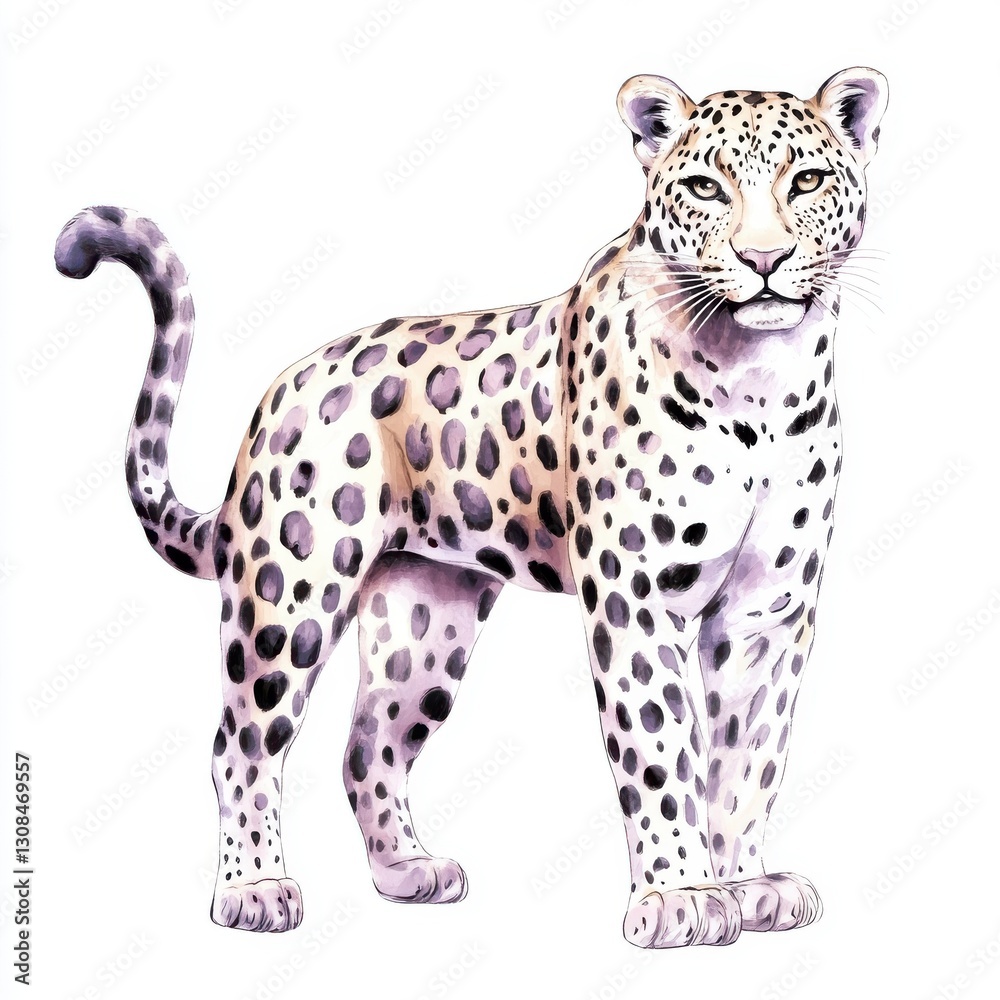 Fototapeta premium Artistic Leopard with Dark Spots Watercolor Painting Standing Gracefully and Vigilantly Looking Ahead