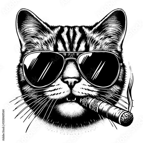 Cat wear sunglasses and smoking cigar engraving black and white outline. Scratch board imitation.  illustrated in vintage line art style on a white background.
