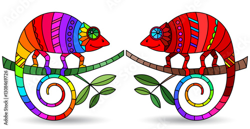 An illustration in the style of a stained glass window with bright chameleons, bright animals isolated on a white background