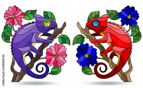 An illustration in the style of a stained glass window with bright chameleons, bright animals isolated on a white background