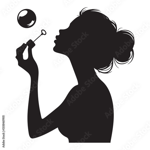 Silhouette of Woman Blowing Bubbles Vector Design Image Art