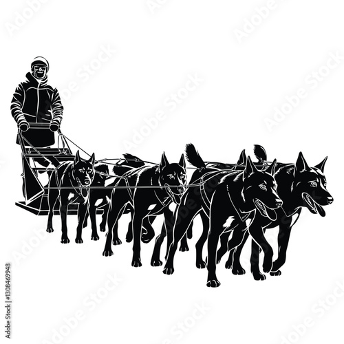 Dog Sled Team Silhouette, Vector, Icon, Logo, White Background.