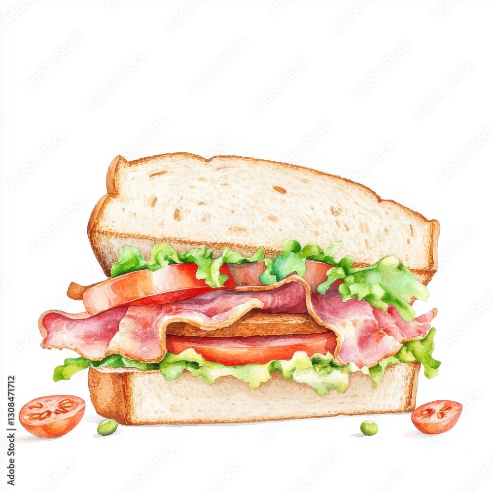 Delightful BLT Sandwich with Fresh Tomato Wedges Artistic Food Illustration on White Surface Delightful BLT Sandwich with Fresh Tomato Wedges Artistic Food Illustration on White Surface