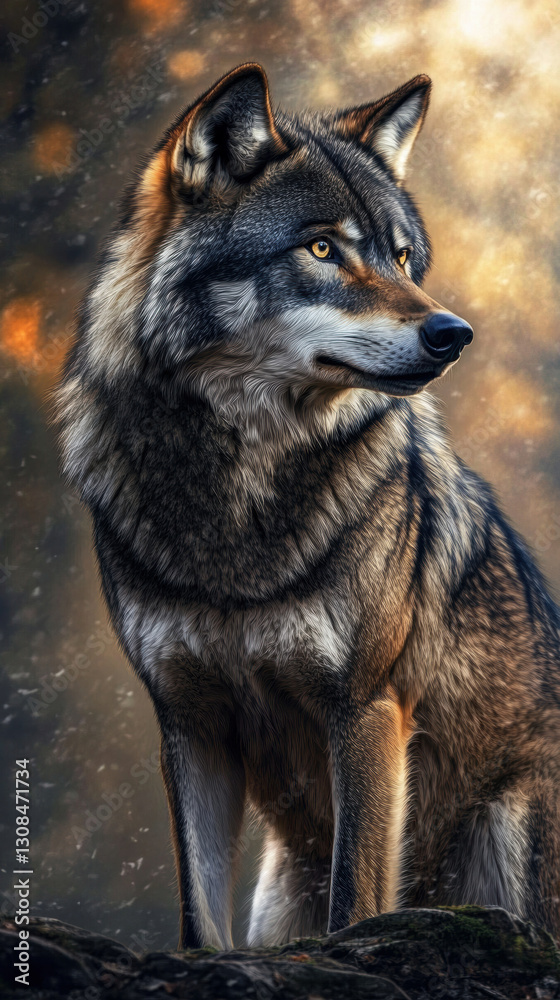 Fototapeta premium Majestic wolf portrait with detailed fur and intense gaze