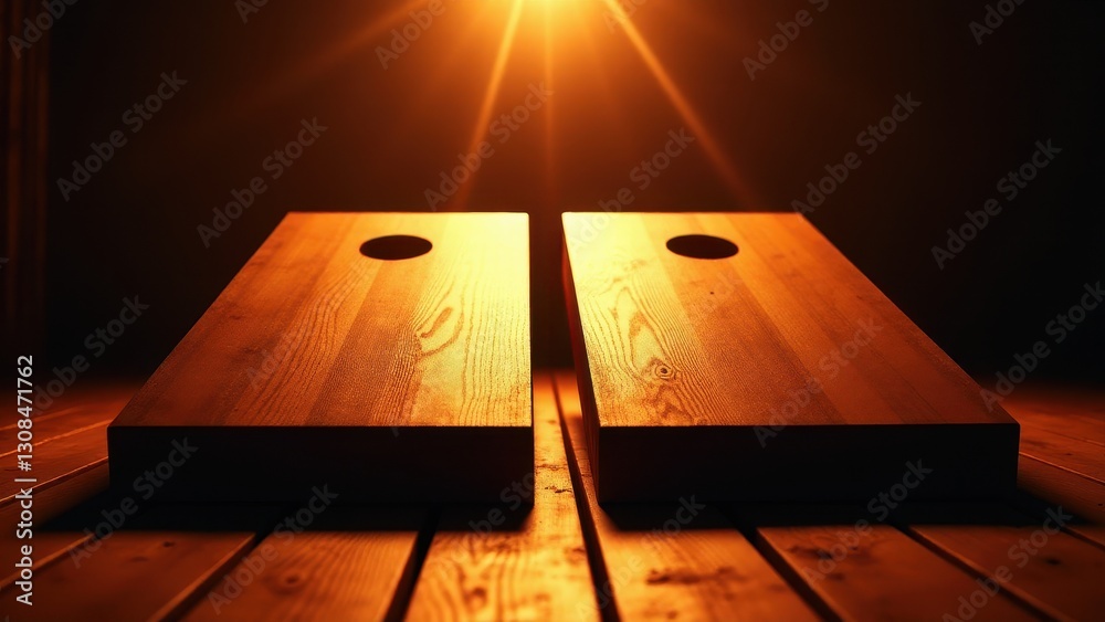 Corn hole game board designs illuminated by warm light, showcasing the wooden texture and craftsmanship.