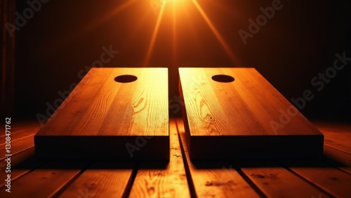 Obraz na płótnie Corn hole game board designs illuminated by warm light, showcasing the wooden texture and craftsmanship. w salonie