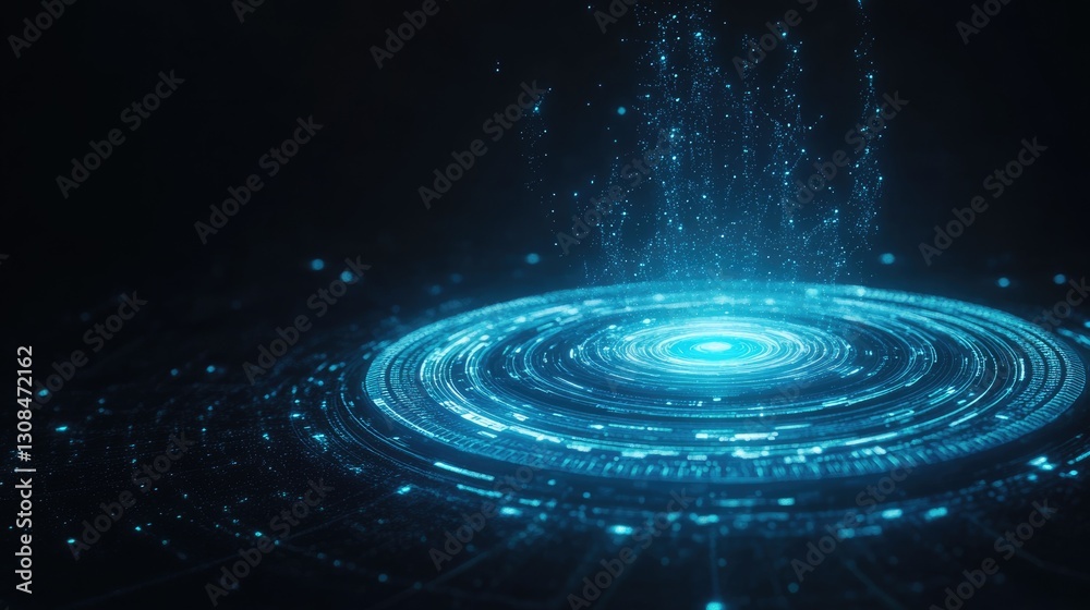 Futuristic Teleportation Portal: Blue Holographic Display with Dynamic Particles in a Dark Space Environment Futuristic Teleportation Portal: Blue Holographic Display with Dynamic Particles in a Dark Space Environment