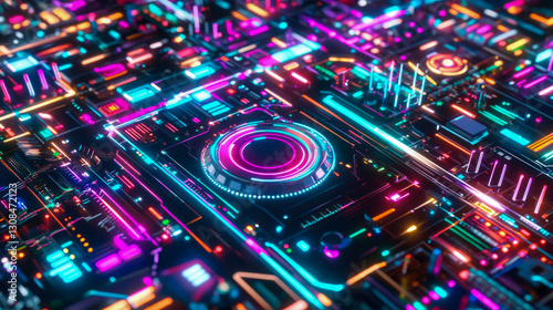 Abstract Circuit Board Illustration with Glowing Neon Lines for Technology Concept