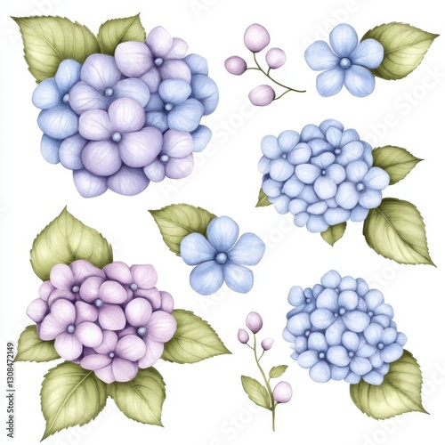 Elegant Hydrangea Blossom Arrangement with Pastel Colors for Botanical Illustrations and Art Projects