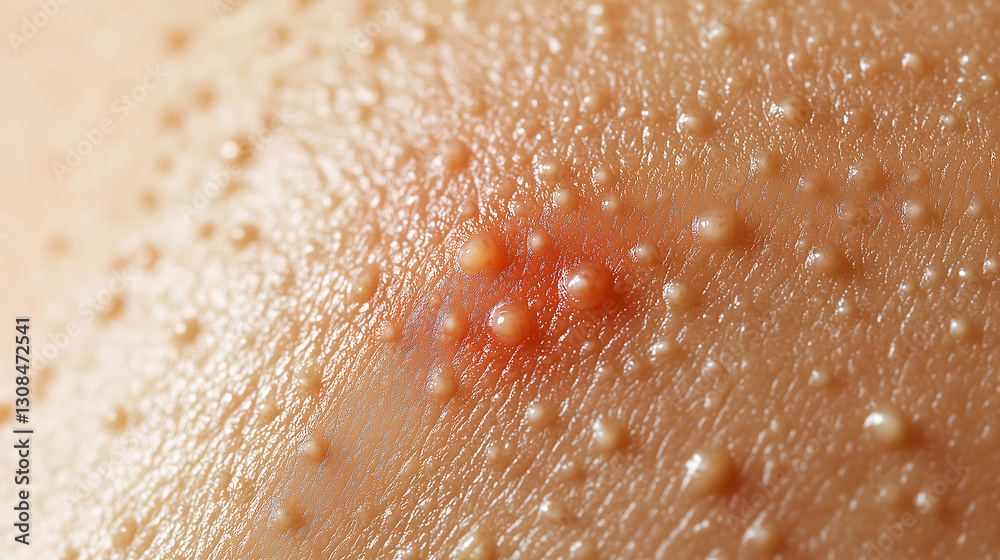 Fototapeta premium Skin rash exhibiting red and inflamed areas with small raised bumps on the surface