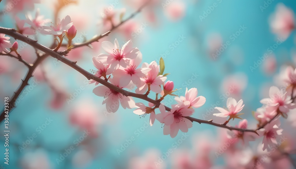 Cherry Blossom Branch Blooming Against a Soft Blue Sky Background Cherry Blossom Branch Blooming Against a Soft Blue Sky Background