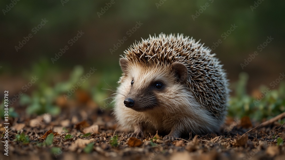 Fototapeta premium A cute hedgehog, rolling into a little ball, with its spiky body covered in tiny leaves.
