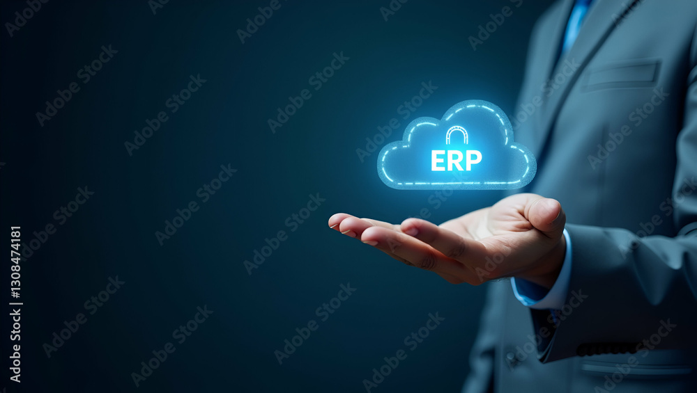 Hand Holding Holographic ERP Integration Security Icon: Visualizing Cloud Security for ERP Integration with Minimal Background and Space for Text Hand Holding Holographic ERP Integration Security Icon: Visualizing Cloud Security for ERP Integration with Minimal Background and Space for Text