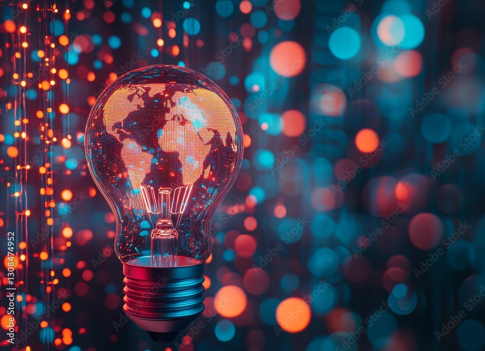 A vivid double exposure showing a world map within a light bulb, radiating bright energy lines against a dark background, symbolizing global innovation A vivid double exposure showing a world map within a light bulb, radiating bright energy lines against a dark background, symbolizing global innovation