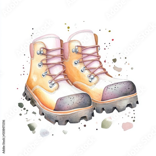 Watercolor Hiking Boots Pair Illustration Outdoor Footwear Adventure Footgear Isolated on Background