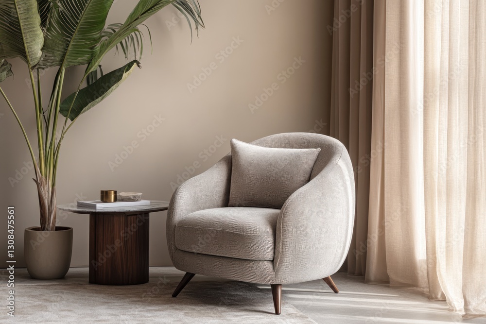 Fototapeta premium Modern armchair in beige living room with plant and side table