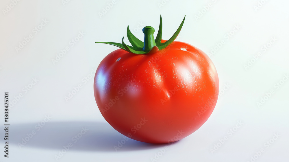 Ripe red tomato with green stem and leaves on a white background Ripe red tomato with green stem and leaves on a white background