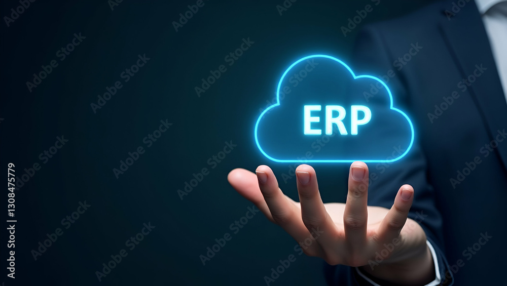 Holographic ERP Software Deployment Icon in Cloud Setup Concept Holographic ERP Software Deployment Icon in Cloud Setup Concept