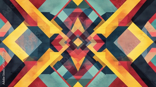 A vibrant abstract artwork featuring a complex, symmetrical geometric design with bold yellow, red, and teal shapes. The artistic composition conveys modernity and creativity.. AI Generation