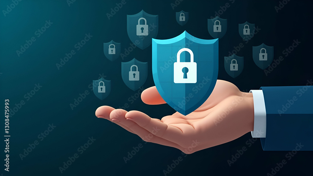 Secure Your Data: A Hand Holding a Floating Shield with Padlock Icons Illustrating Data Encryption and Protection in a Cute Vector Style for Smart Business Solutions Secure Your Data: A Hand Holding a Floating Shield with Padlock Icons Illustrating Data Encryption and Protection in a Cute Vector Style for Smart Business Solutions