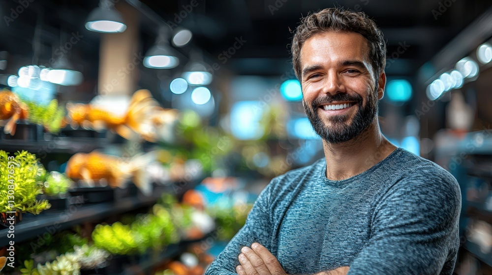 Happy man smiling and shopping in a grocery store surrounded by fresh produce and products Happy man smiling and shopping in a grocery store surrounded by fresh produce and products