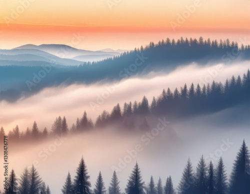 peaceful mountain landscape with mist rolling over pine trees, in a soft, muted color palette perfect for backgrounds