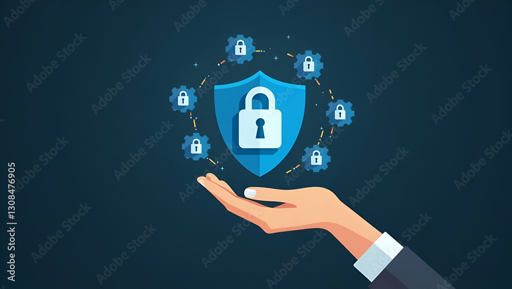 Secure Data Protection: Hand Holding Shield with Padlock Icons Secure Data Protection: Hand Holding Shield with Padlock Icons
