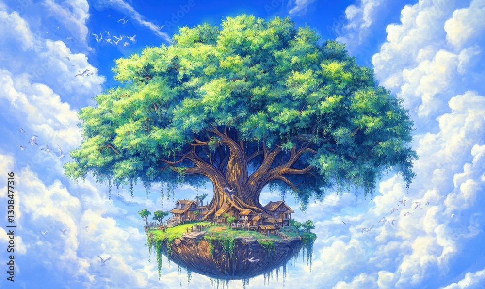 Fototapeta premium Giant tree village floating island in clouds with flying birds