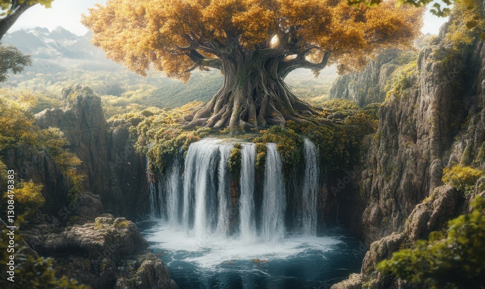 Fototapeta premium Golden tree on cliff with waterfall in fantasy forest landscape