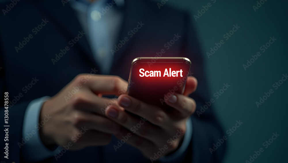 Hand Holding a Glowing Scam Alert Notification on Smartphone: A Cute Vector Illustration Representing Fraud Detection and Cybersecurity Awareness for Smart Business Solutions Hand Holding a Glowing Scam Alert Notification on Smartphone: A Cute Vector Illustration Representing Fraud Detection and Cybersecurity Awareness for Smart Business Solutions