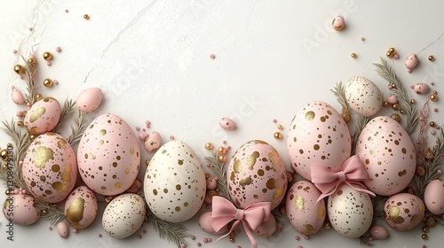Easter frame featuring pink and gold eggs with a bow on the bottom of an egg, set against a white background in clip art style. Perfect for festive designs, holiday greetings, and seasonal decorations