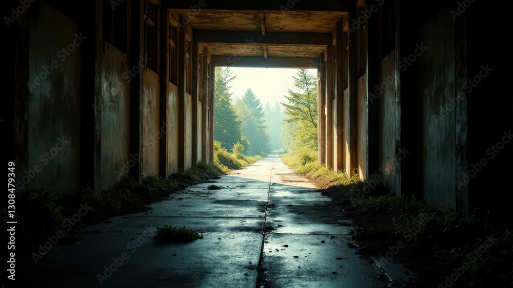 Fototapeta premium A long, narrow pathway is framed by tall, weathered walls, leading to a forested area in the distance.