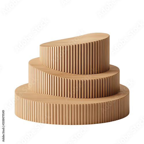 Three tiered wooden display stand with ribbed texture, isolated on black background.