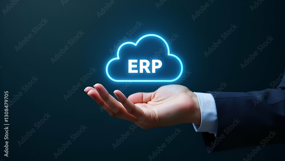 Hand holding holographic efficiency icon illustrating ERP software efficiency in cloud based setup minimal background concept as A hand shows holographic efficiency icon symbolizing ERP software effic Hand holding holographic efficiency icon illustrating ERP software efficiency in cloud based setup minimal background concept as A hand shows holographic efficiency icon symbolizing ERP software effic