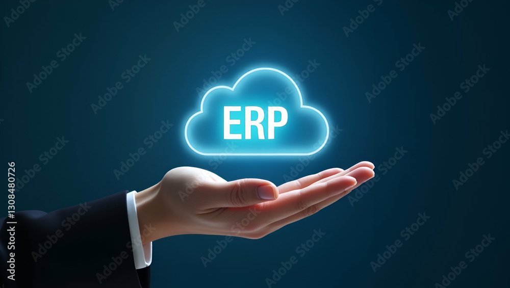 Hand holding holographic cloud symbol illustrating ERP software in cloud based environment minimal background concept as A hand gestures holding holographic cloud symbol representing ERP cloud softwar Hand holding holographic cloud symbol illustrating ERP software in cloud based environment minimal background concept as A hand gestures holding holographic cloud symbol representing ERP cloud softwar