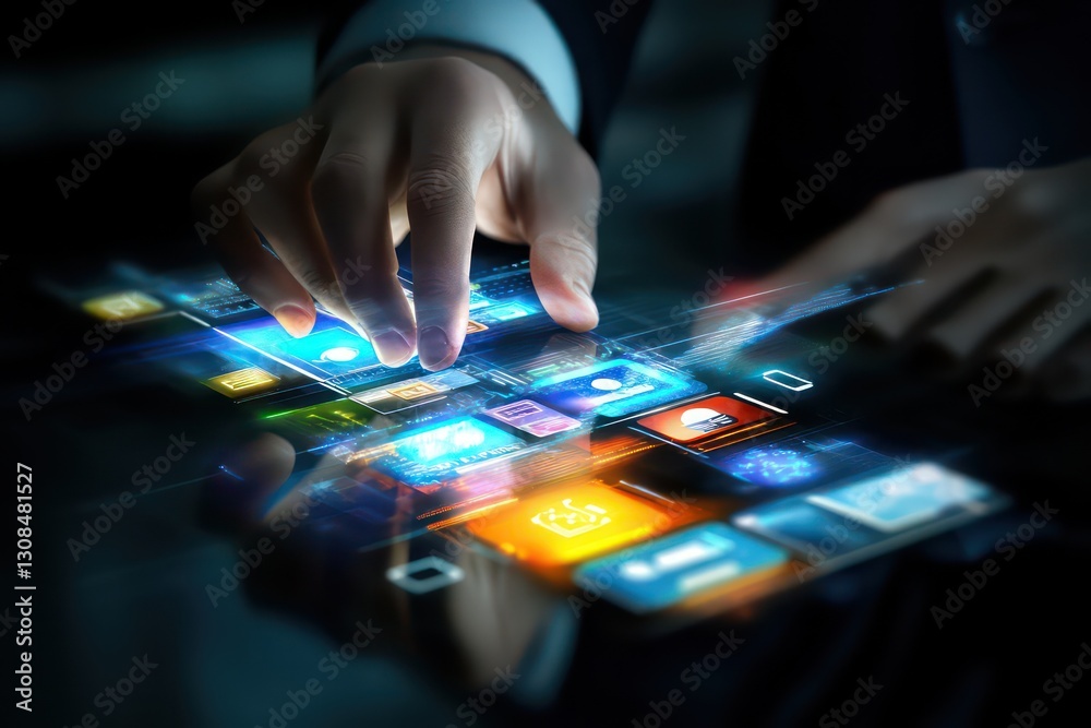 A close-up of a businessman’s hands scrolling through mobile applications on a sleek, high-tech smartphone. A close-up of a businessman’s hands scrolling through mobile applications on a sleek, high-tech smartphone.