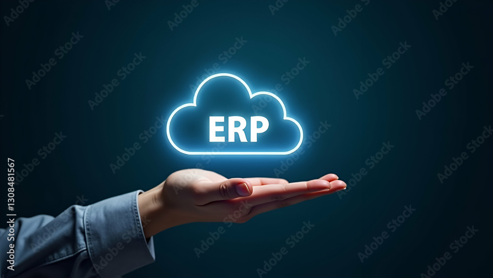 Hand Holding Holographic ERP Integration Scalability Icon in Cloud Setup - Minimal Background Concept Hand Holding Holographic ERP Integration Scalability Icon in Cloud Setup - Minimal Background Concept