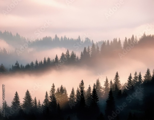peaceful mountain landscape with mist rolling over pine trees, in a soft, muted color palette perfect for backgrounds