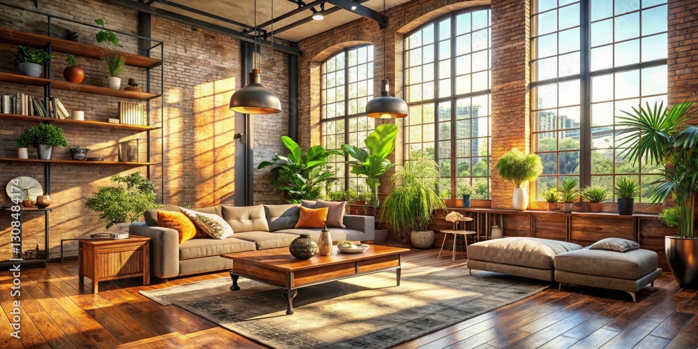 Fototapeta premium Urban Exploration Loft Living Room: Natural Wood, Sunlight, Industrial Chic Interior Design