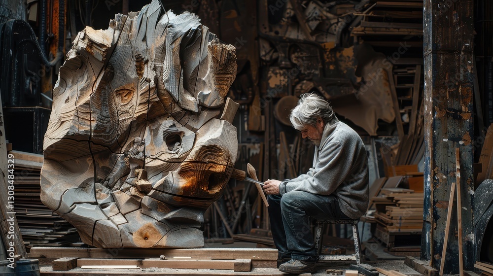Intricate Wooden Sculpture in a Workshop
