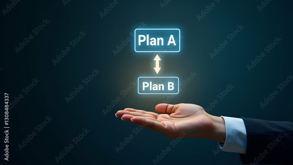 Flat A glowing flowchart above a guiding hand featuring Plan A and Plan B routes prompting strategic decision making tasks concept as Dual paths illuminate in futuristic lines pushing participants to 