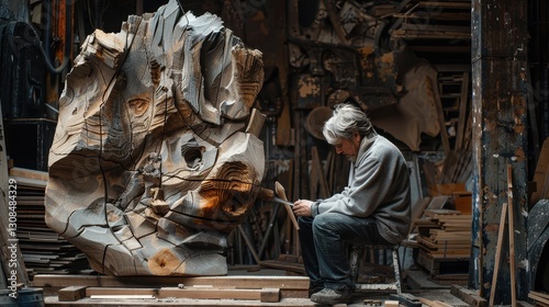 Obraz na płótnie Intricate Wooden Sculpture in a Workshop w salonie