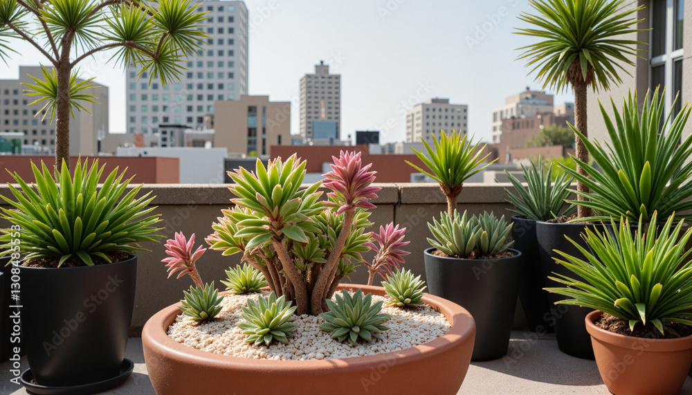 Fototapeta premium Vibrant rooftop garden showcasing succulent arrangement in terracotta pot, embodying drought-resistant beauty