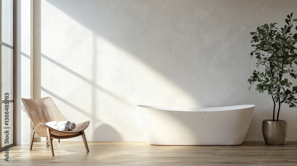 Fototapeta premium Minimalist Bathroom Interior with Bathtub and Modern Armchair