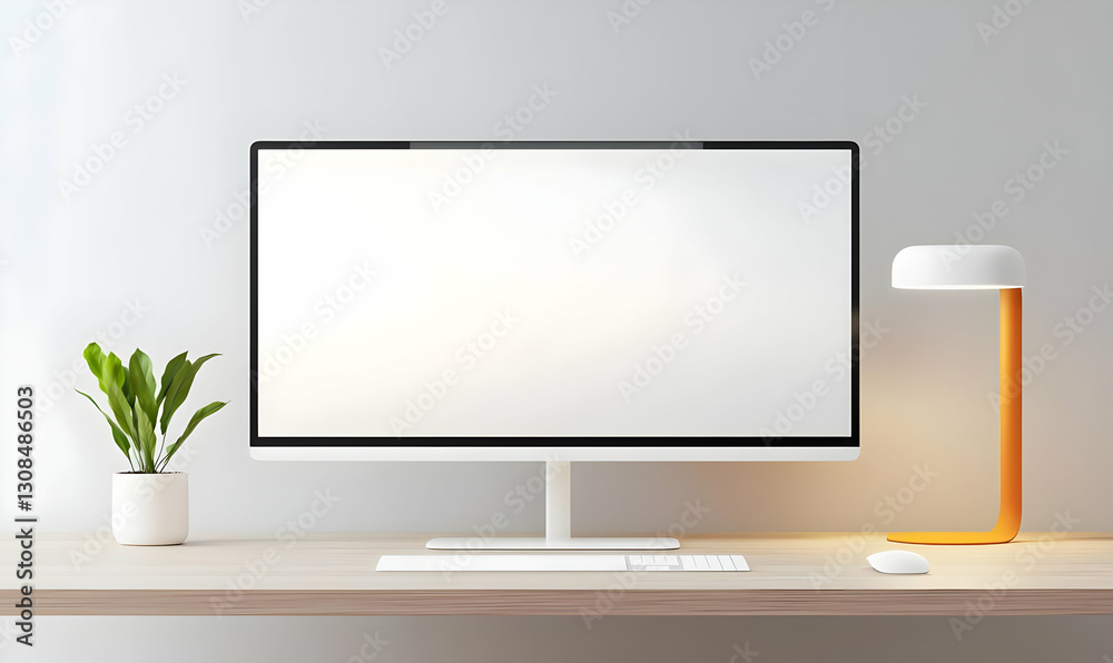 Modern Workspace with Computer, Desk Lamp and Indoor Plant Decor Modern Workspace with Computer, Desk Lamp and Indoor Plant Decor