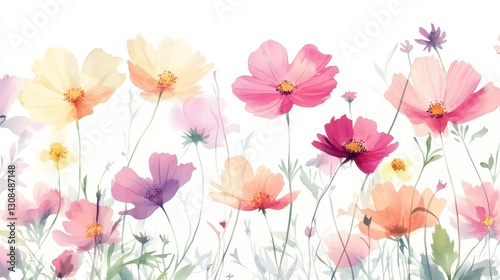 Wallpaper Mural Watercolor Illustration set of Pink cosmos flowers on a white background,spring summer nature,Vibrant pink cosmos blooming,Children's card,banner,raindrops drawn by hand. Torontodigital.ca